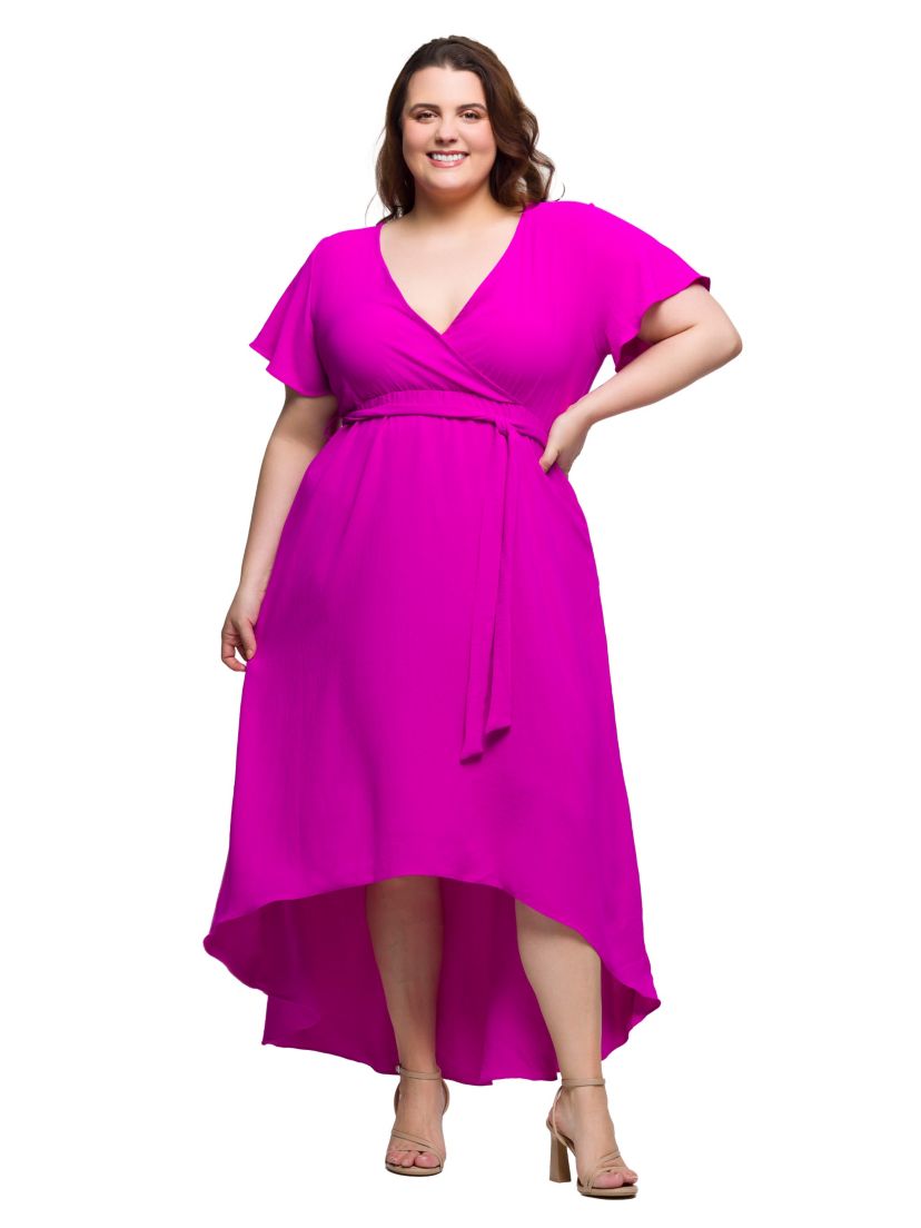 Plus Size V Neck Belted Faux Wrap High Low Dress
