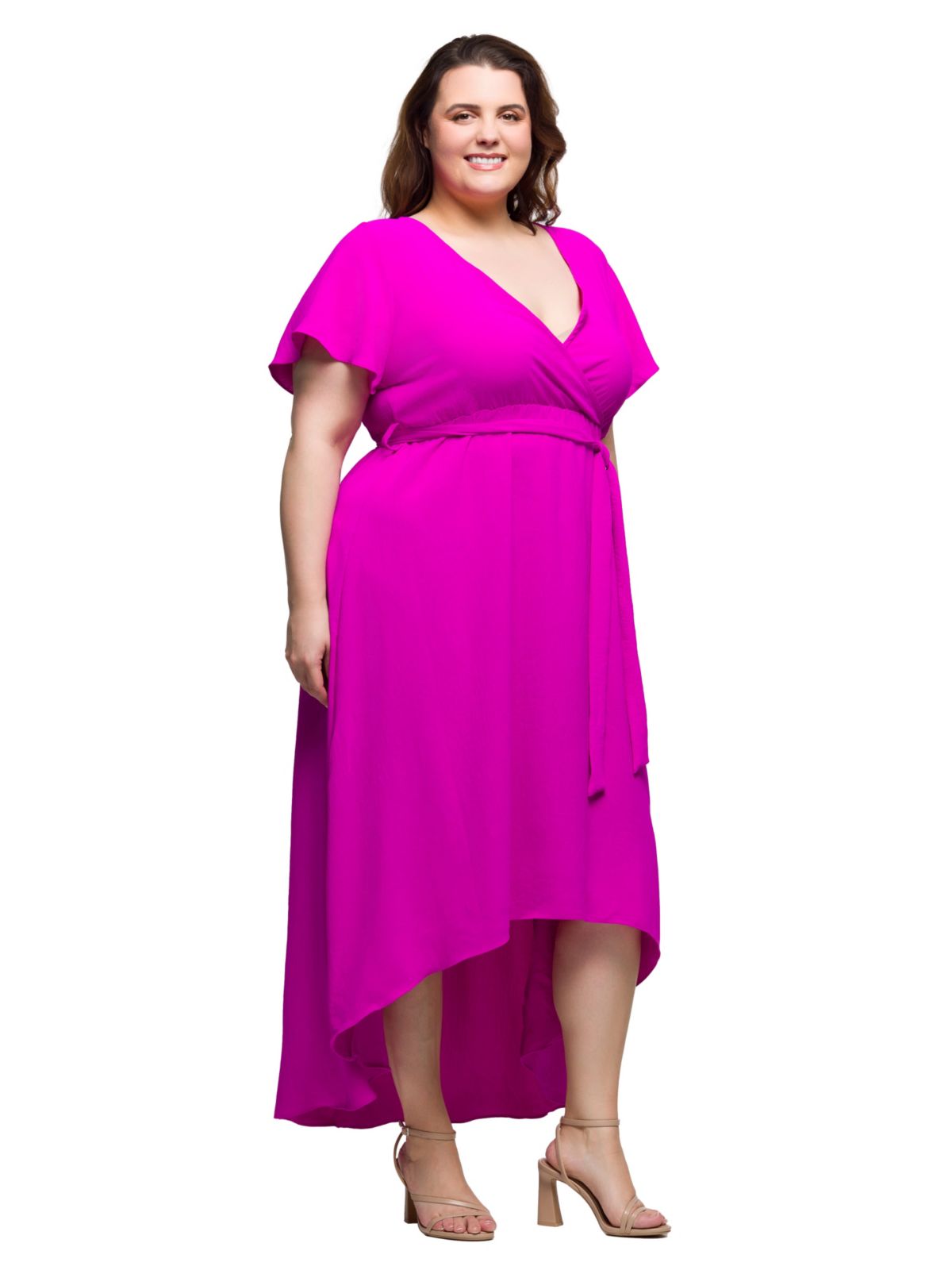 Plus Size V Neck Belted Faux Wrap High Low Dress