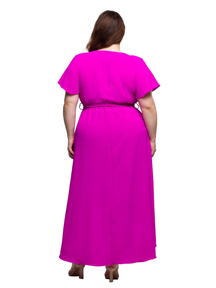 Plus Size V Neck Belted Faux Wrap High Low Dress