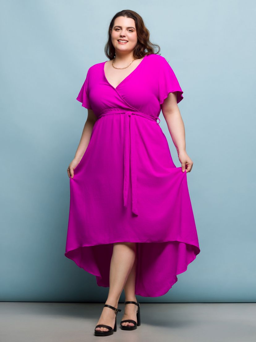 Plus Size V Neck Belted Faux Wrap High Low Dress