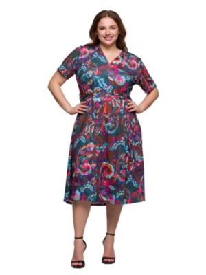 24seven Comfort Apparel Women's Plus Size Brown and Pink Print Short Sleeve Tie Waist Midi Dress