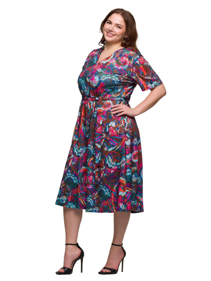 Plus Size Brown and Pink Print Short Sleeve Tie Waist Midi Dress