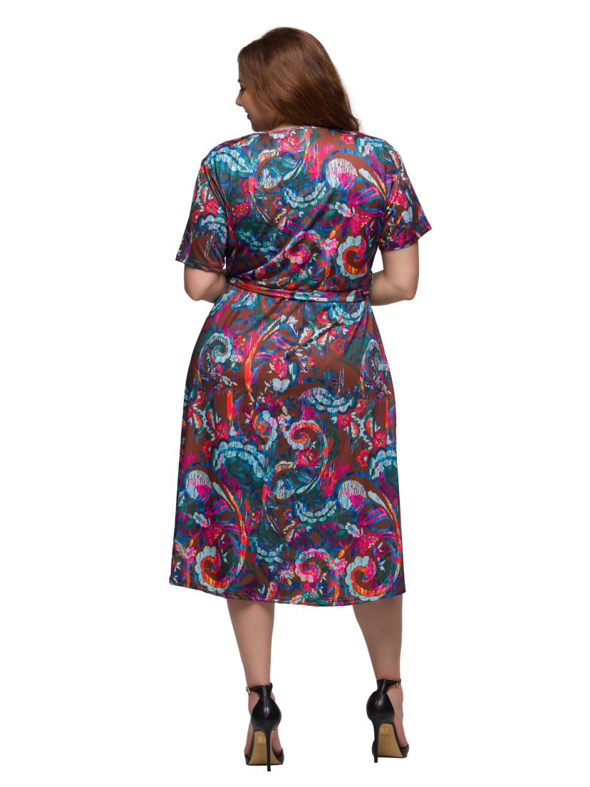Plus Size Brown and Pink Print Short Sleeve Tie Waist Midi Dress