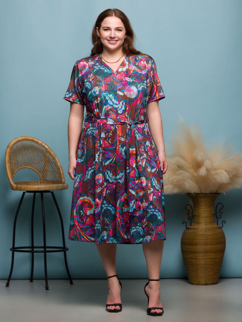 Plus Size Brown and Pink Print Short Sleeve Tie Waist Midi Dress