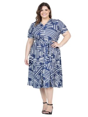 24seven Comfort Apparel Women's Plus Size Navy and White Short Sleeve Tie Waist Midi Dress, Navy Blue, 3X
