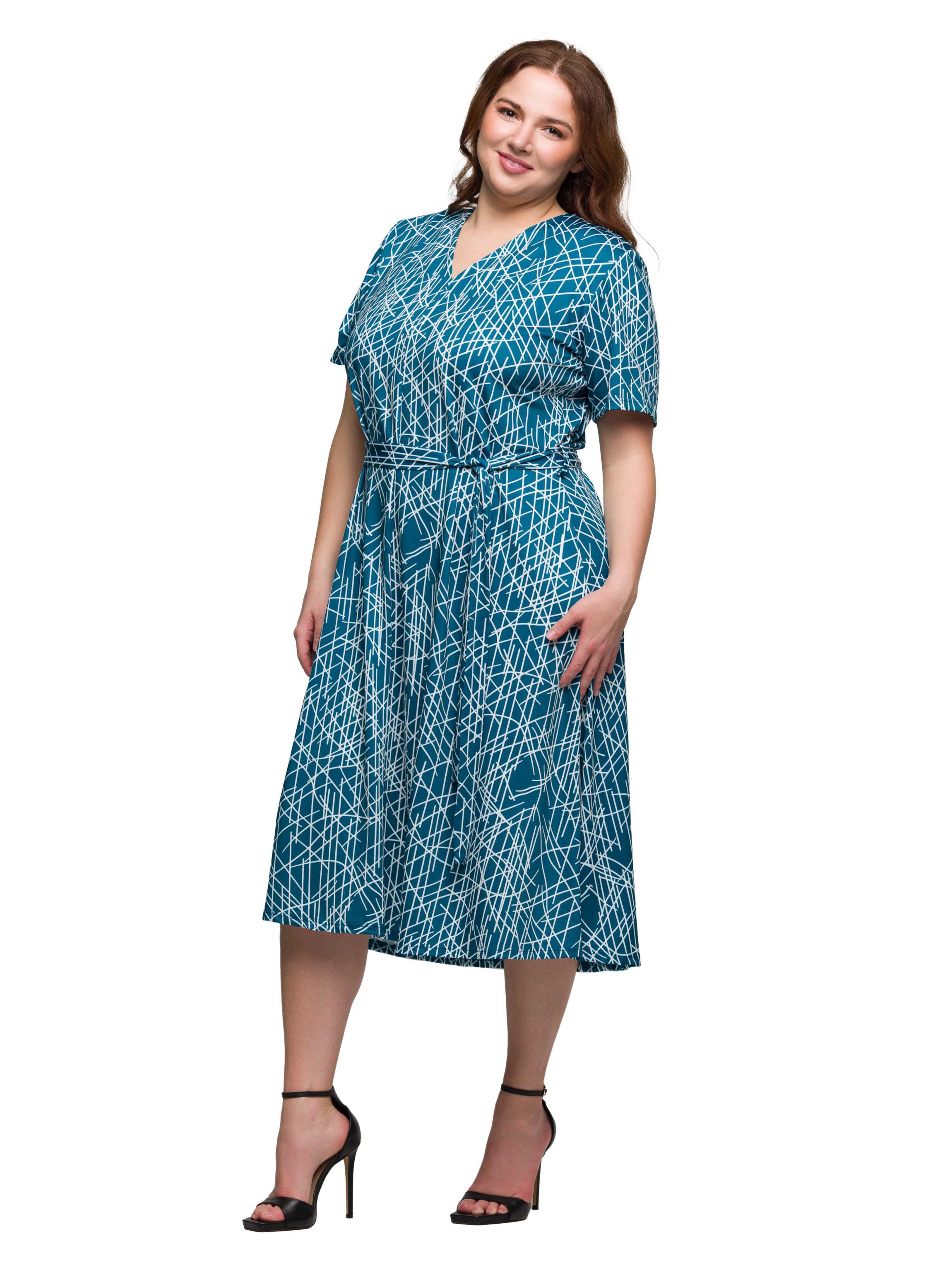 Plus Size Teal Print Short Sleeve Tie Waist Midi Dress