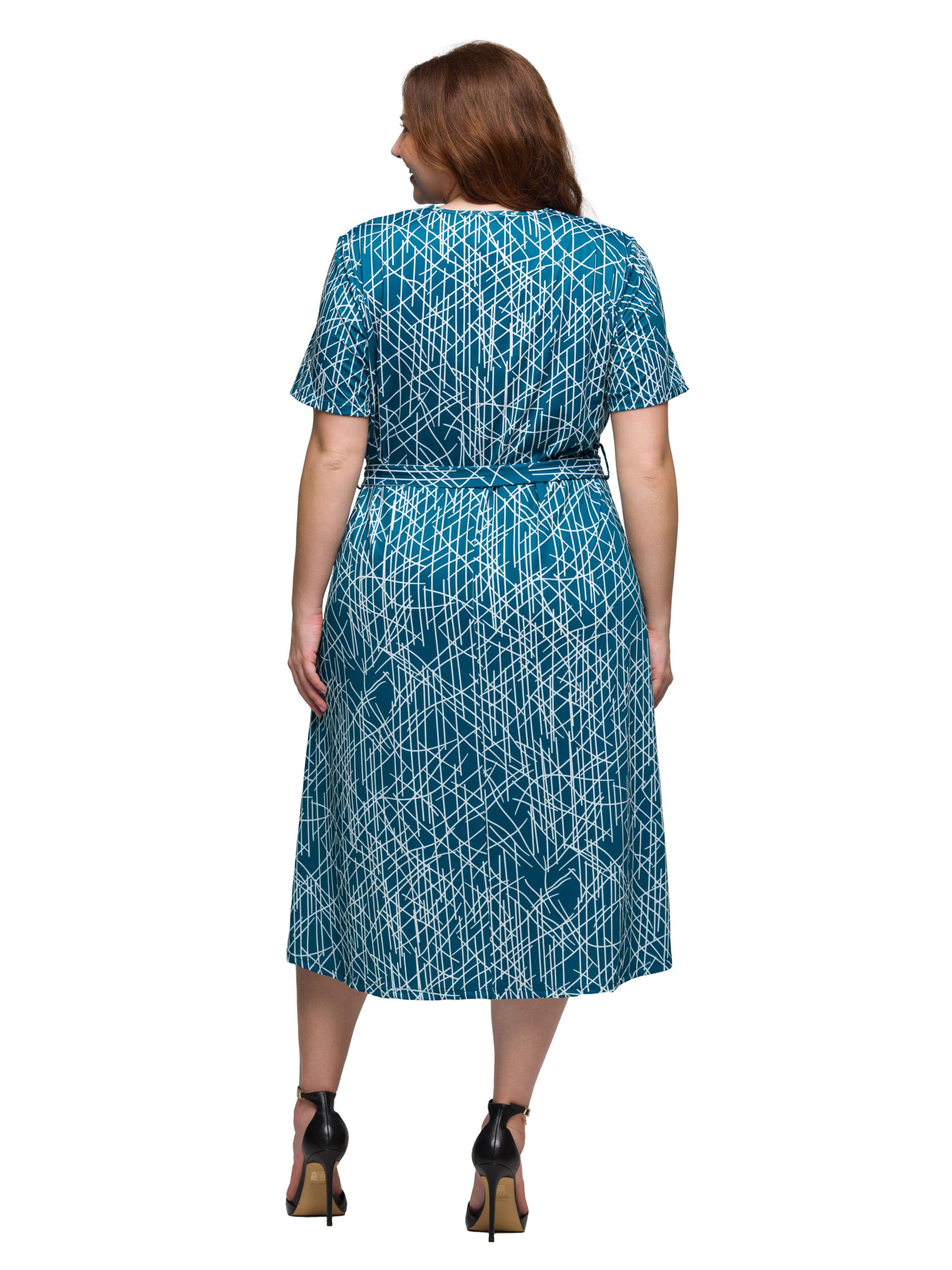 Plus Size Teal Print Short Sleeve Tie Waist Midi Dress