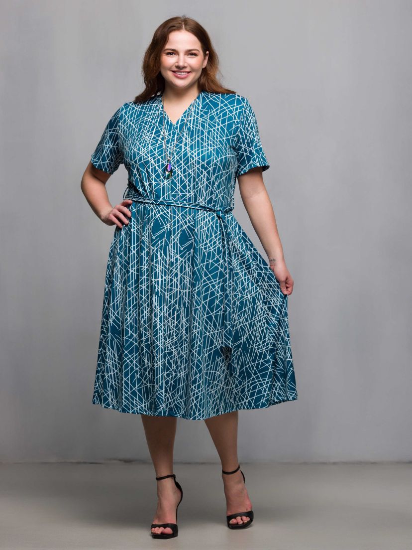 Plus Size Teal Print Short Sleeve Tie Waist Midi Dress