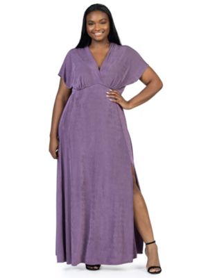 24seven Comfort Apparel Women's Plus Size Flutter Sleeve Metallic Knit Maxi Dress Front Slit Empire Waist