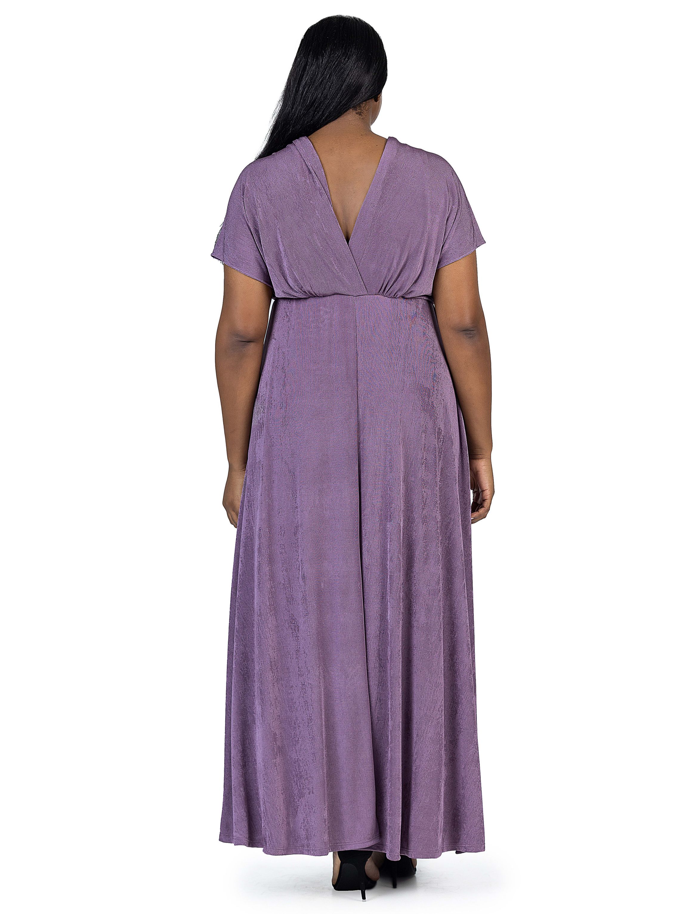 Plus Size Flutter Sleeve Metallic Knit Maxi Dress Front Slit Empire Waist
