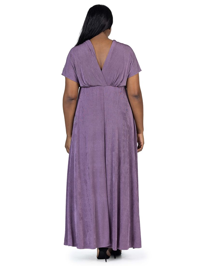 Plus Size Flutter Sleeve Metallic Knit Maxi Dress Front Slit Empire Waist