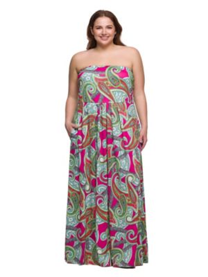 24seven Comfort Apparel Women's Plus Size Pink Paisley A Line Strapless Maxi Dress With Pockets