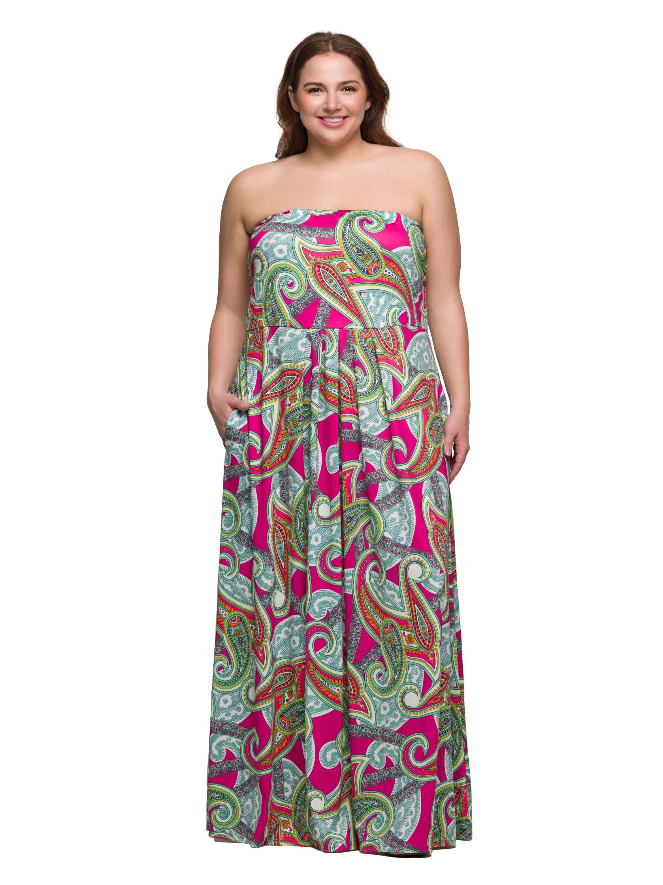 Plus Size Pink Paisley A Line Strapless Maxi Dress With Pockets