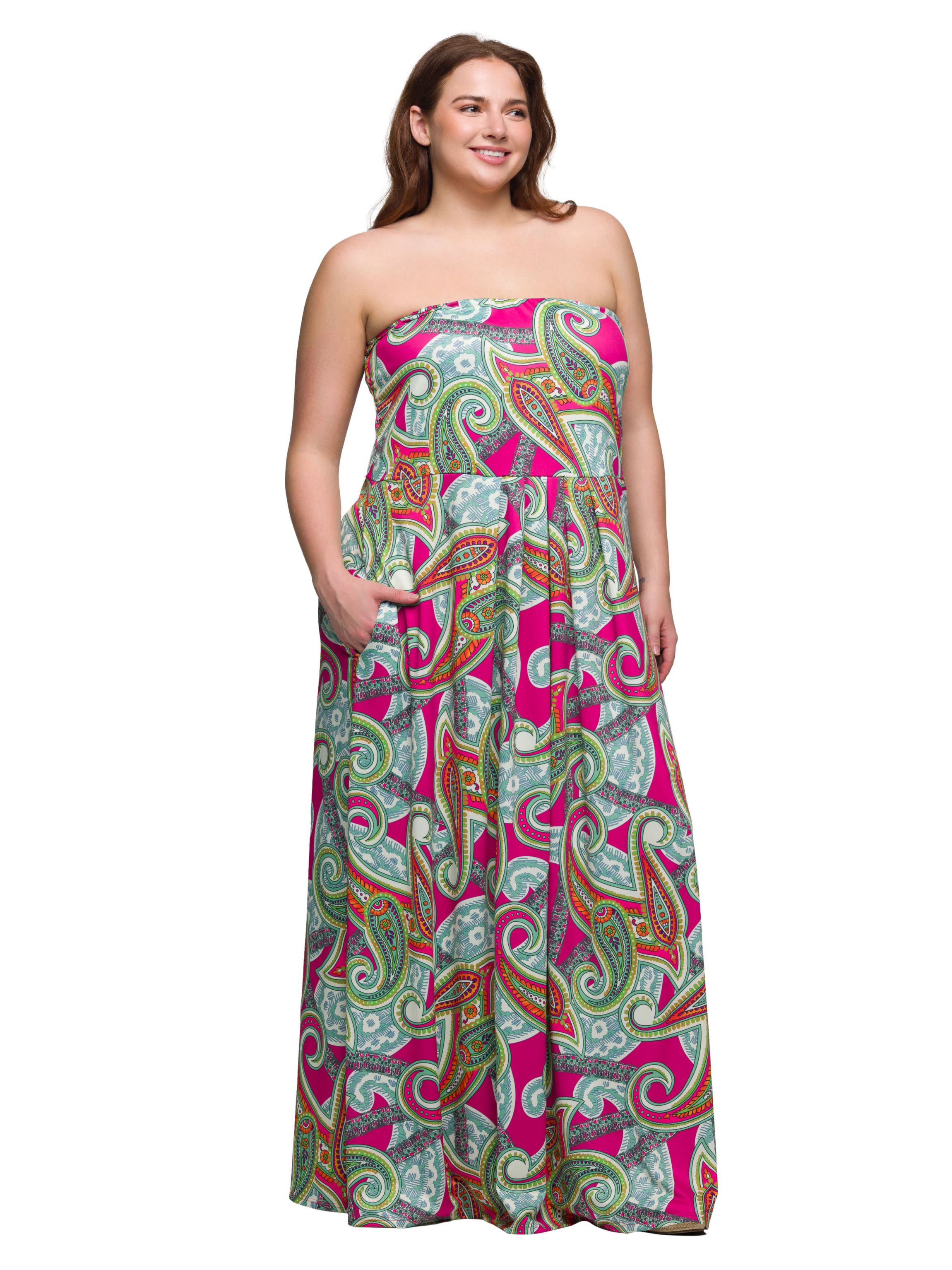 Plus Size Pink Paisley A Line Strapless Maxi Dress With Pockets