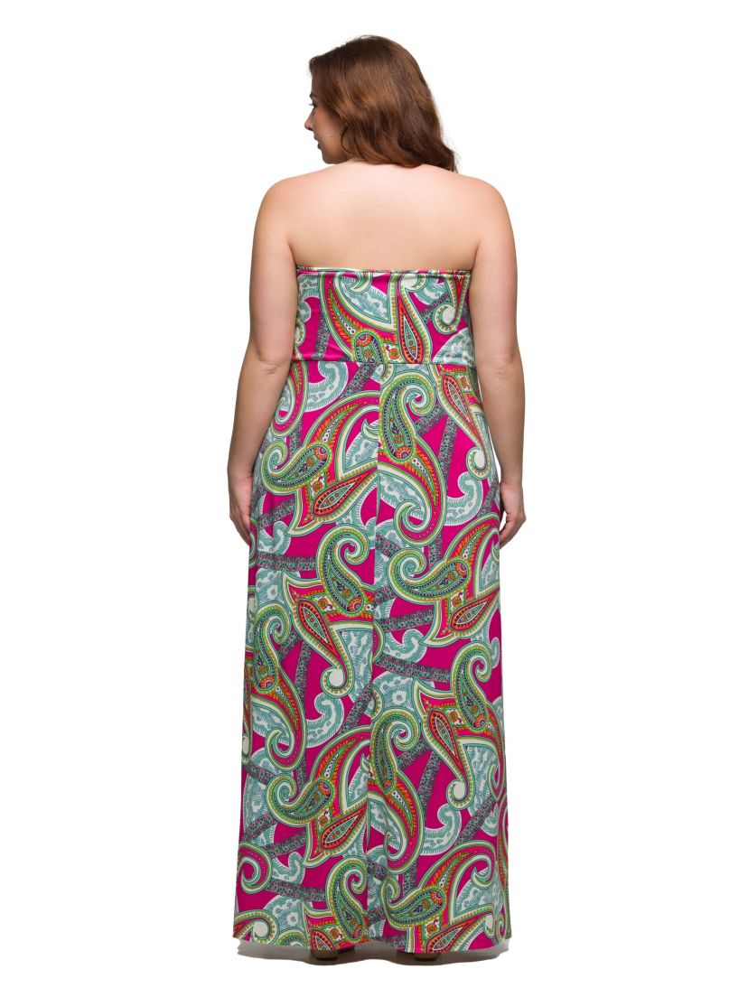 Plus Size Pink Paisley A Line Strapless Maxi Dress With Pockets