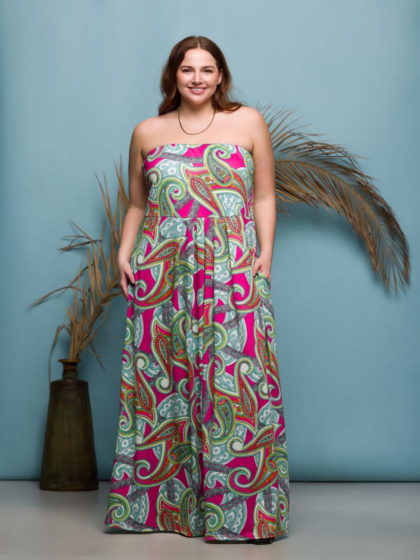 Plus Size Pink Paisley A Line Strapless Maxi Dress With Pockets
