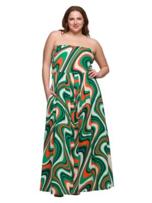24seven Comfort Apparel Women's Plus Size Green Print A Line Strapless Maxi Dress With Pockets