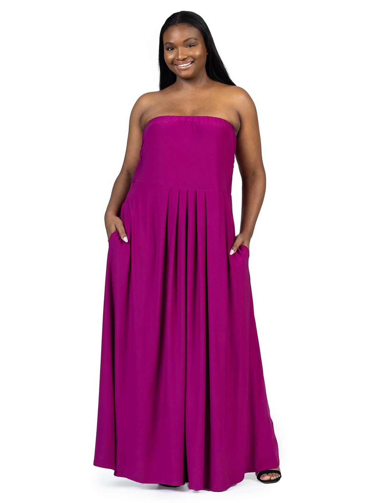 Plus Size Pleated A Line Strapless Maxi Dress With Pockets