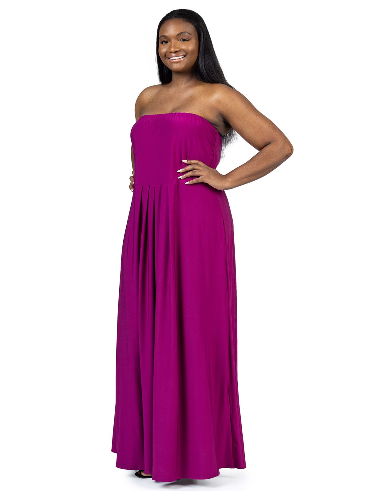 Plus Size Pleated A Line Strapless Maxi Dress With Pockets