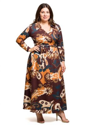 24seven Comfort Apparel Womens Plus Size Brown paisley Empire Waist Maxi Dress