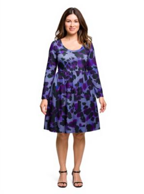 24seven Comfort Apparel Womens Plus Size Long Sleeve Empire Waist Dress in Purple Black Print