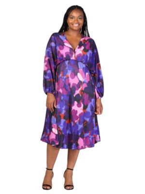 24seven Comfort Apparel Women's Plus Size Multicolor Pleated V Neck Empire Waist Bishop Sleeve Midi Dress