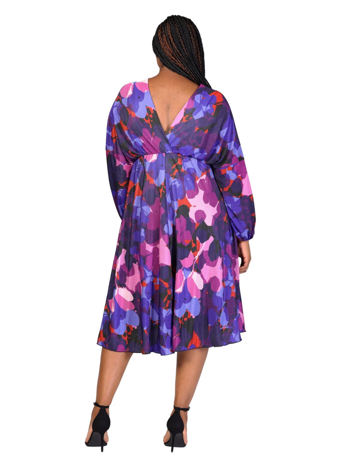 Plus Size Multicolor Pleated V Neck Empire Waist Bishop Sleeve Midi Dress