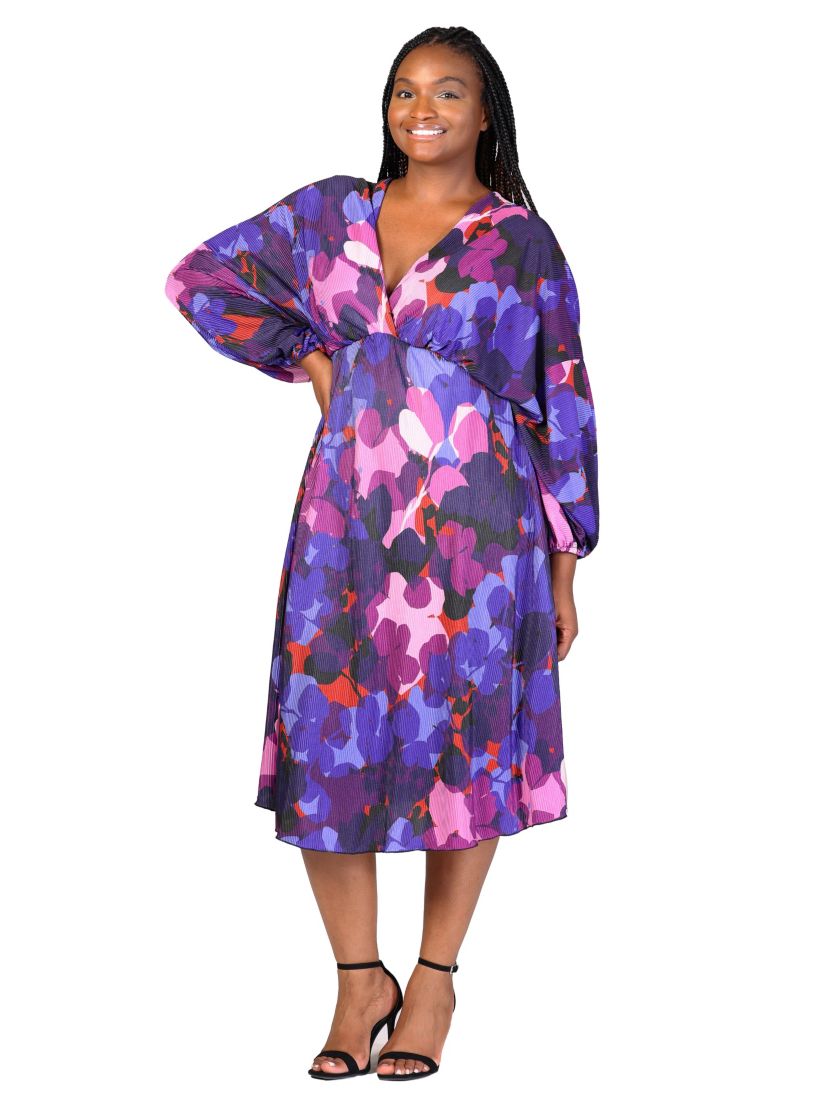 Plus Size Multicolor Pleated V Neck Empire Waist Bishop Sleeve Midi Dress