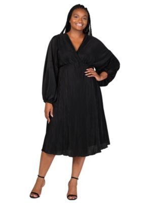 24seven Comfort Apparel Women's Plus Size Shimmer Pleated V Neck Empire Waist Bishop Sleeve Midi Dress, Black, 2X
