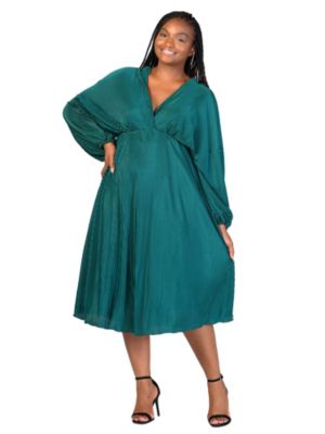 24seven Comfort Apparel Women's Plus Size Shimmer Pleated V Neck Empire Waist Bishop Sleeve Midi Dress