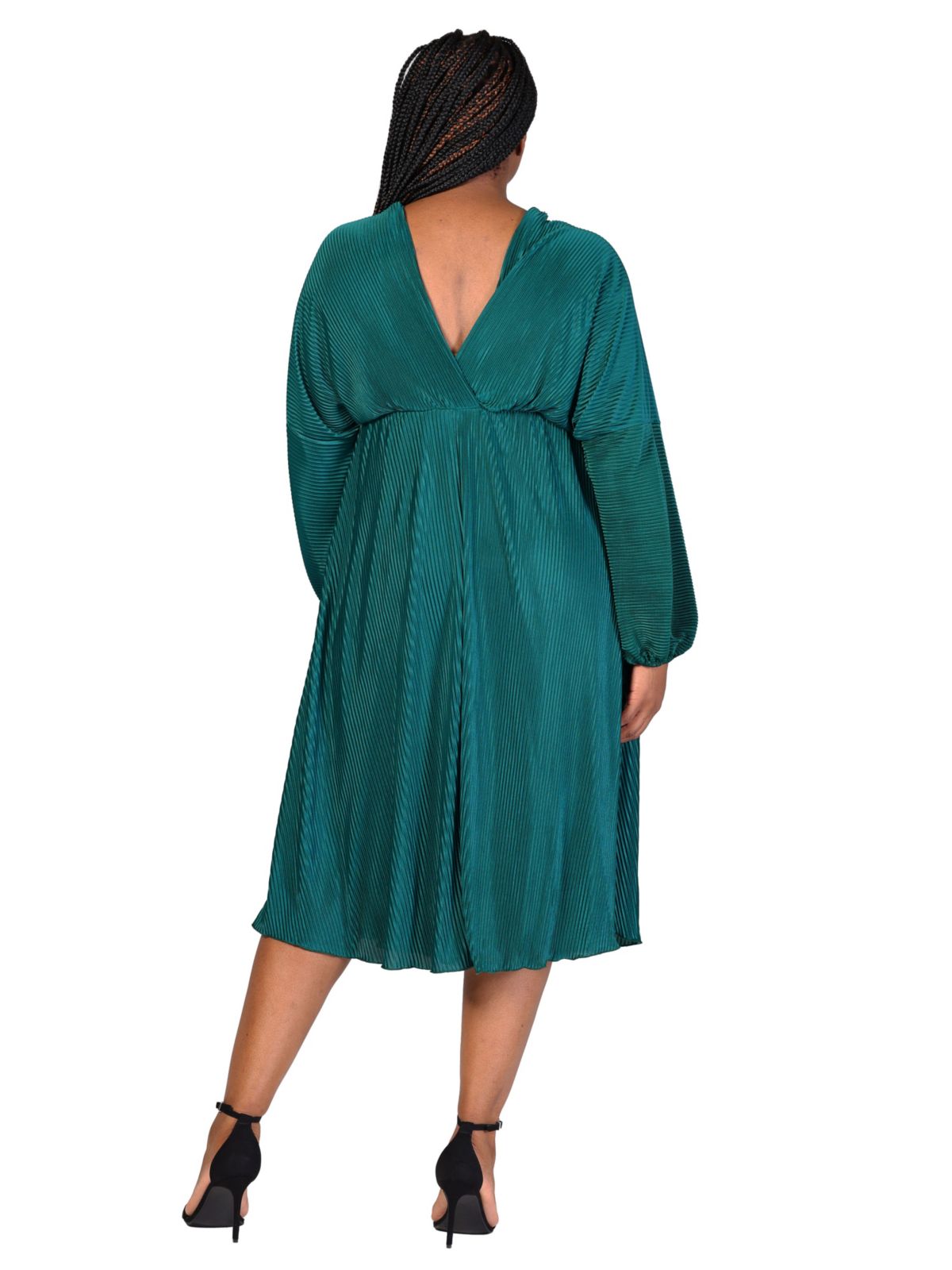 Plus Size Shimmer Pleated V Neck Empire Waist Bishop Sleeve Midi Dress