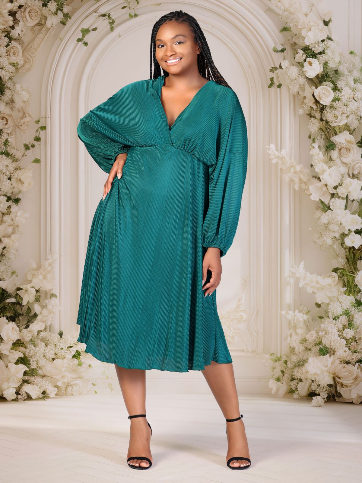 Plus Size Shimmer Pleated V Neck Empire Waist Bishop Sleeve Midi Dress