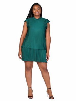 24seven Comfort Apparel Women's Plus Size Ruffle Cap Sleeve High Neck Pleated Tiered Mini Dress, 2X