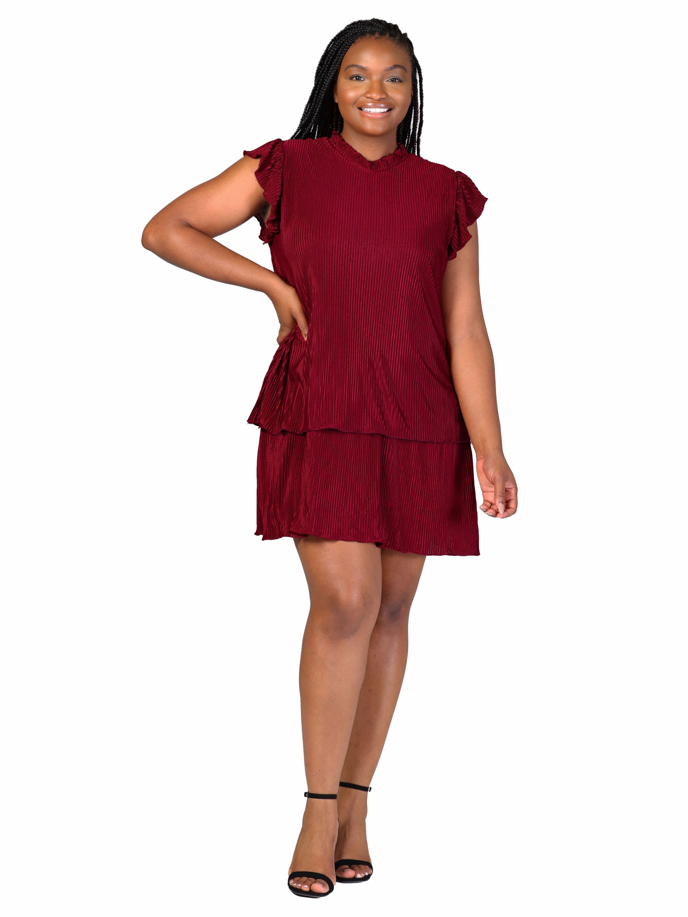 Plus Size Ruffle Cap Sleeve High Neck Pleated Tiered Mini Dress