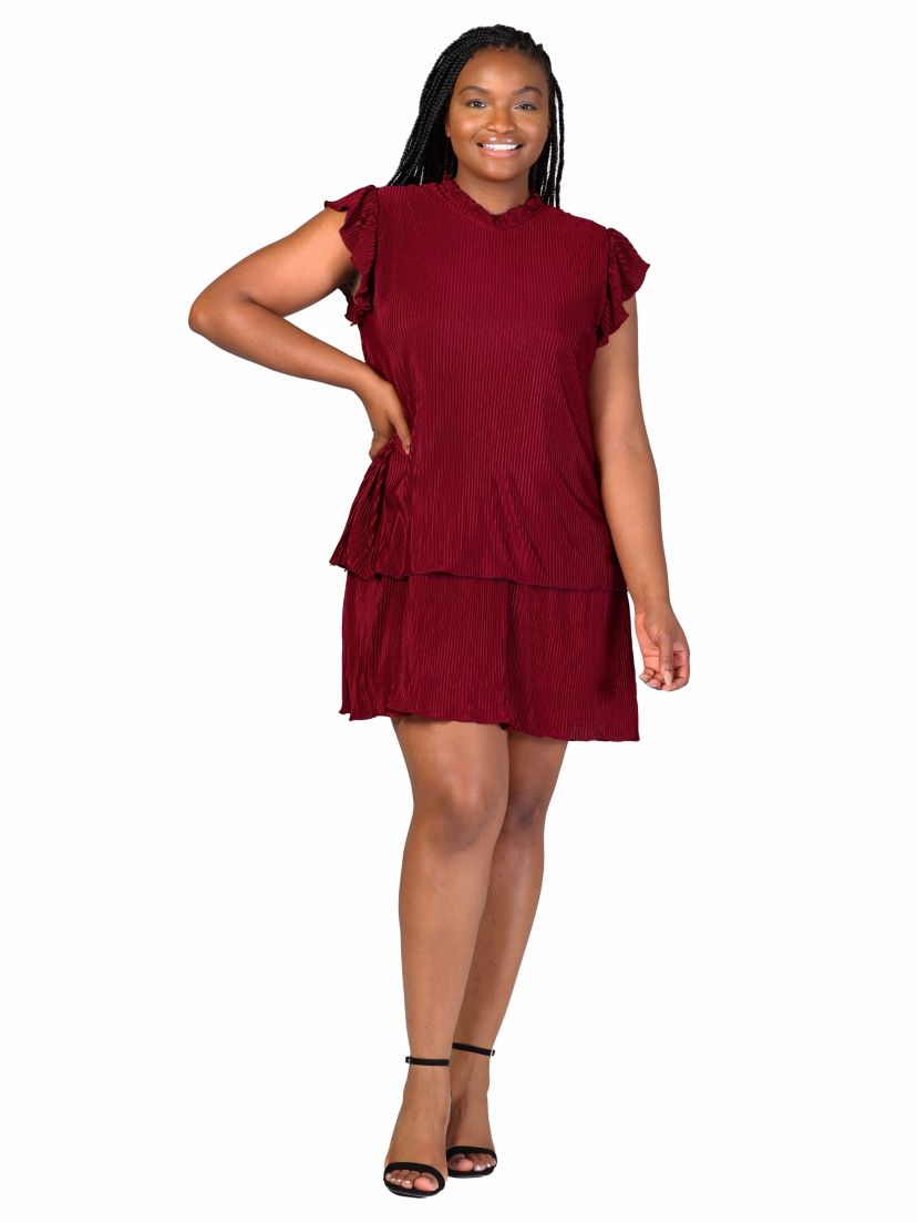 Plus Size Ruffle Cap Sleeve High Neck Pleated Tiered Mini Dress
