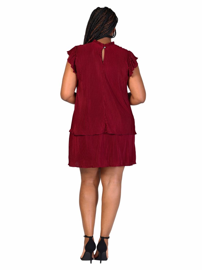 Plus Size Ruffle Cap Sleeve High Neck Pleated Tiered Mini Dress
