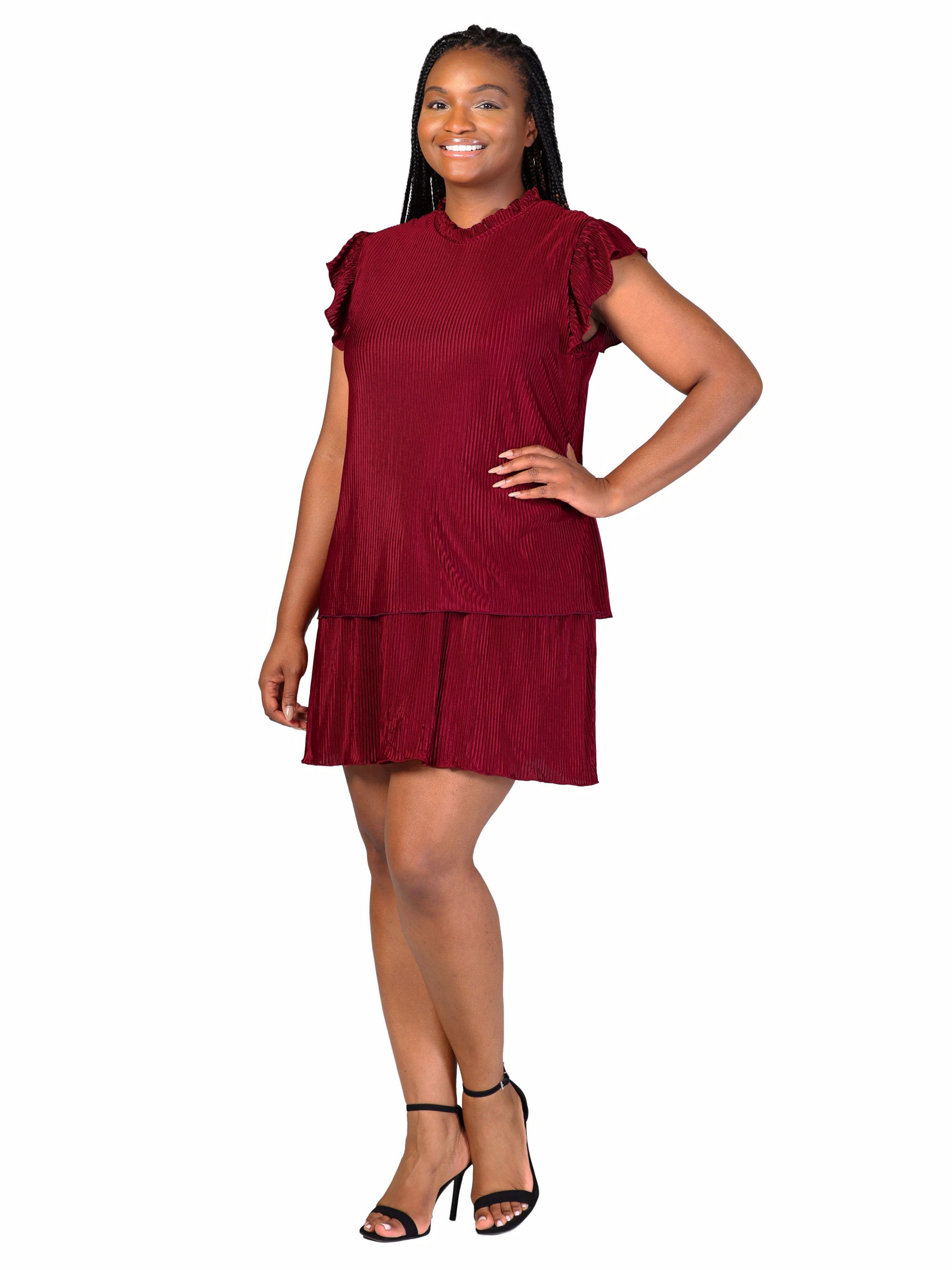 Plus Size Ruffle Cap Sleeve High Neck Pleated Tiered Mini Dress
