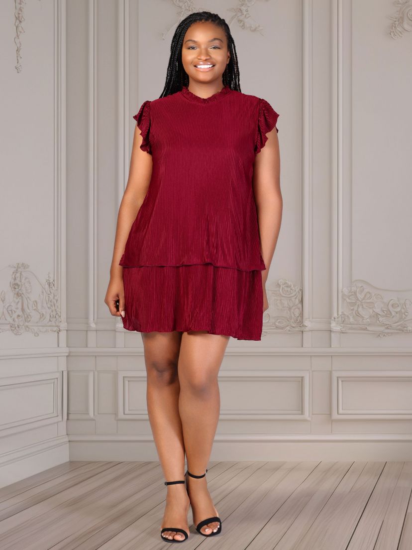 Plus Size Ruffle Cap Sleeve High Neck Pleated Tiered Mini Dress