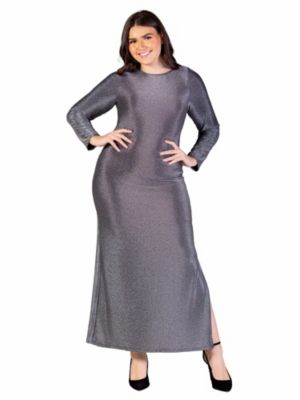 24seven Comfort Apparel Women's Plus Size Fitted Long Sleeve Shimmery Fabric Side Slit Maxi Dress