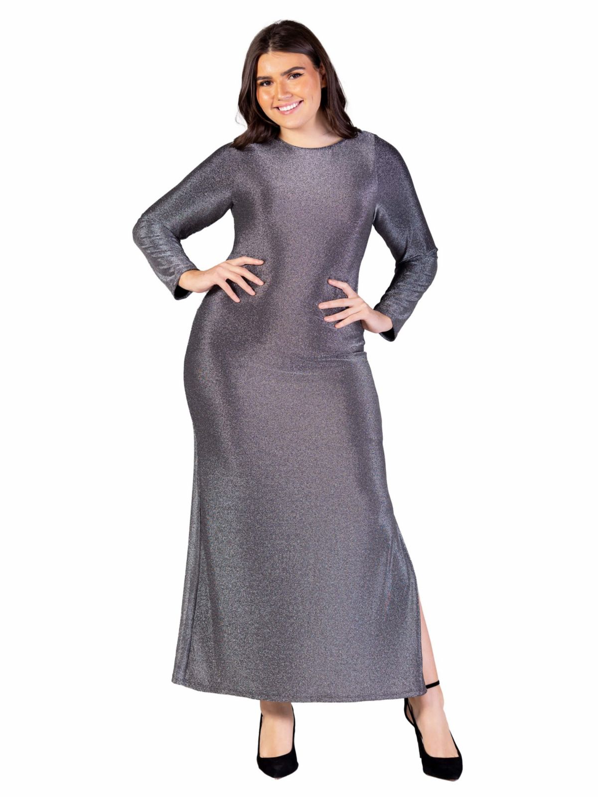 Plus Size Fitted Long Sleeve Shimmery Fabric Side Slit Maxi Dress