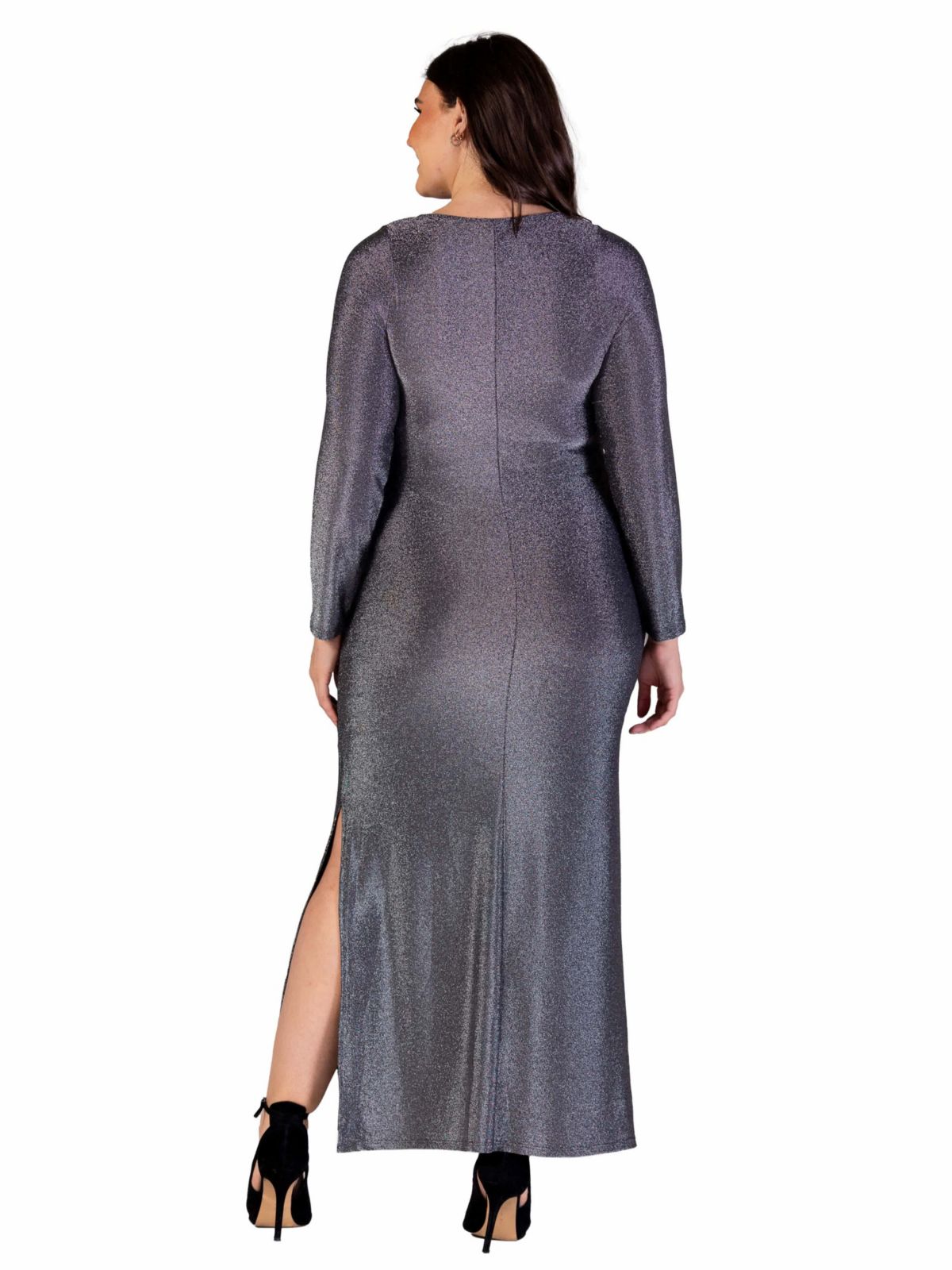 Plus Size Fitted Long Sleeve Shimmery Fabric Side Slit Maxi Dress