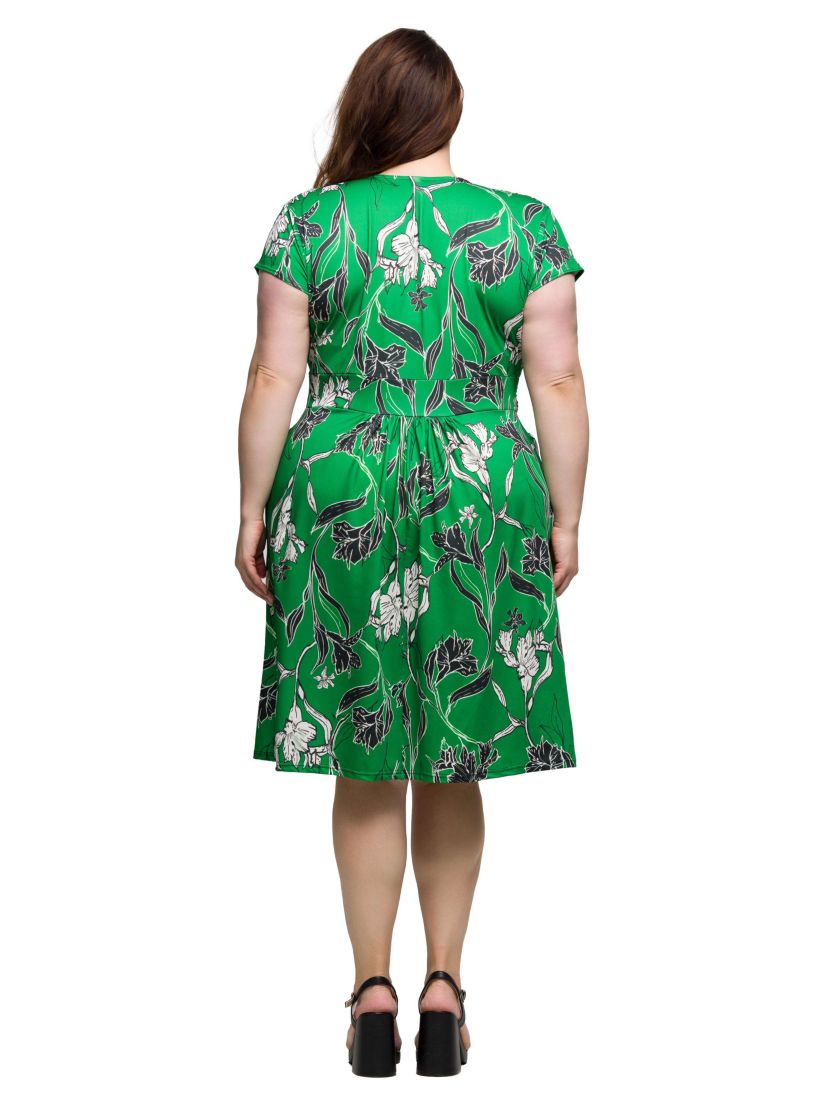 Plus Size Cap Sleeve Green Floral V Neck Knee Length Pocket Dress