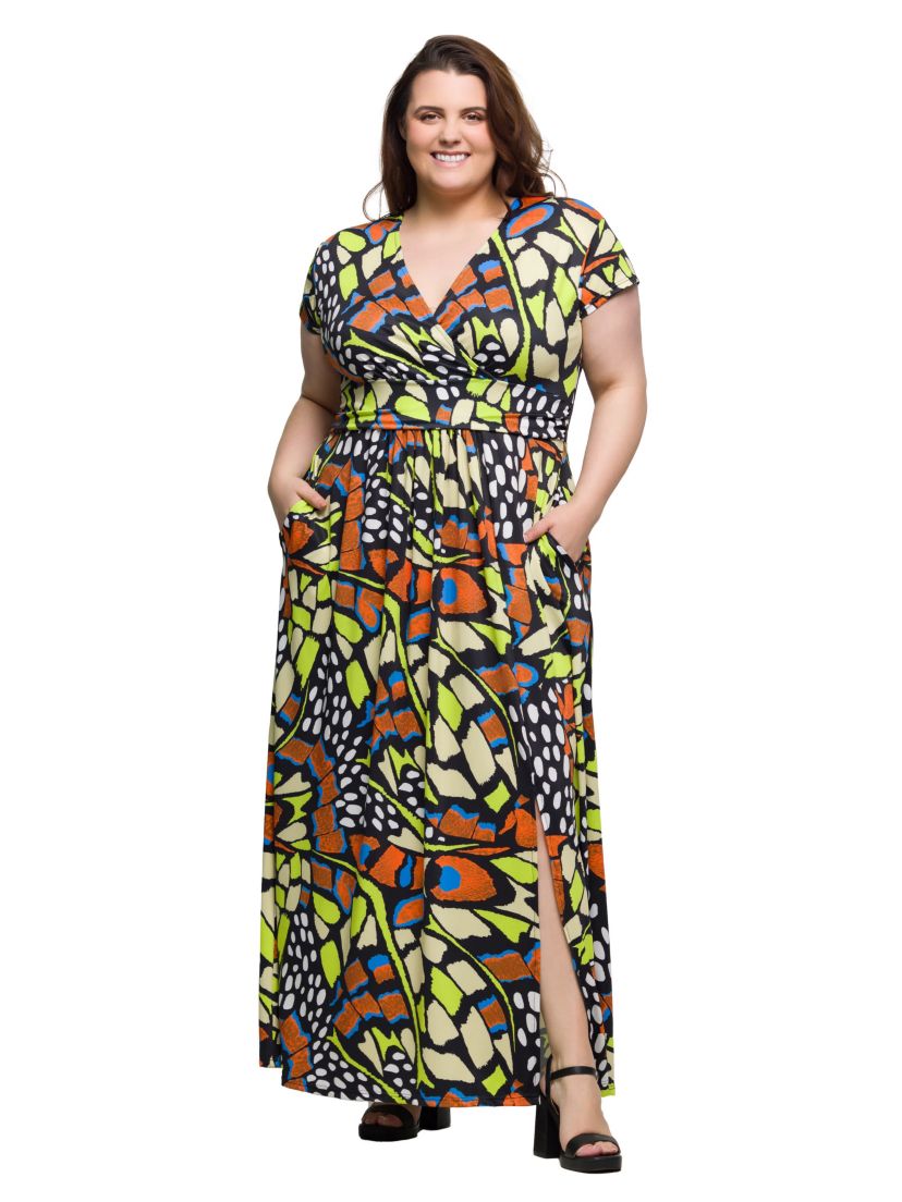 Plus Size Butterfly Print Cap Sleeve V Neck Side Slit Pocket Maxi Dress