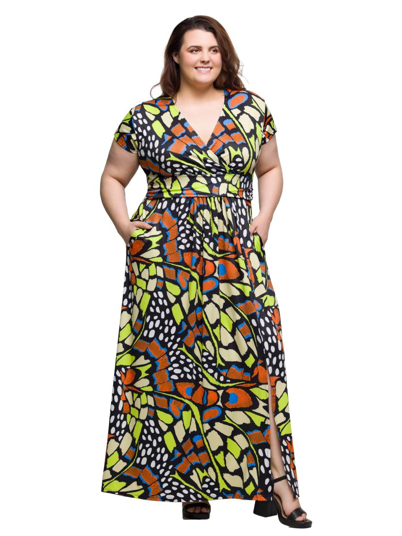 Plus Size Butterfly Print Cap Sleeve V Neck Side Slit Pocket Maxi Dress