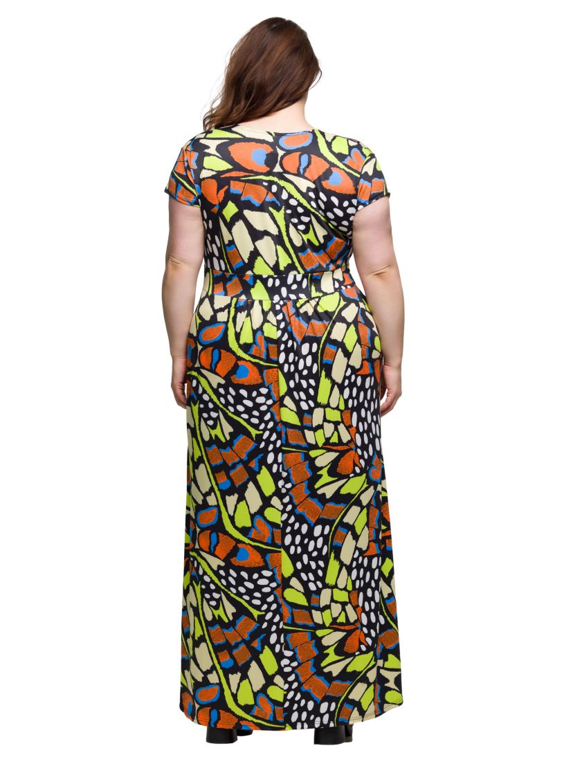 Plus Size Butterfly Print Cap Sleeve V Neck Side Slit Pocket Maxi Dress