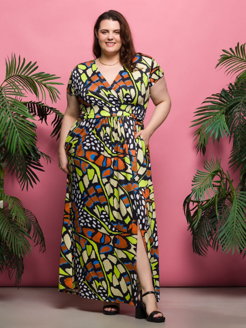 Plus Size Butterfly Print Cap Sleeve V Neck Side Slit Pocket Maxi Dress