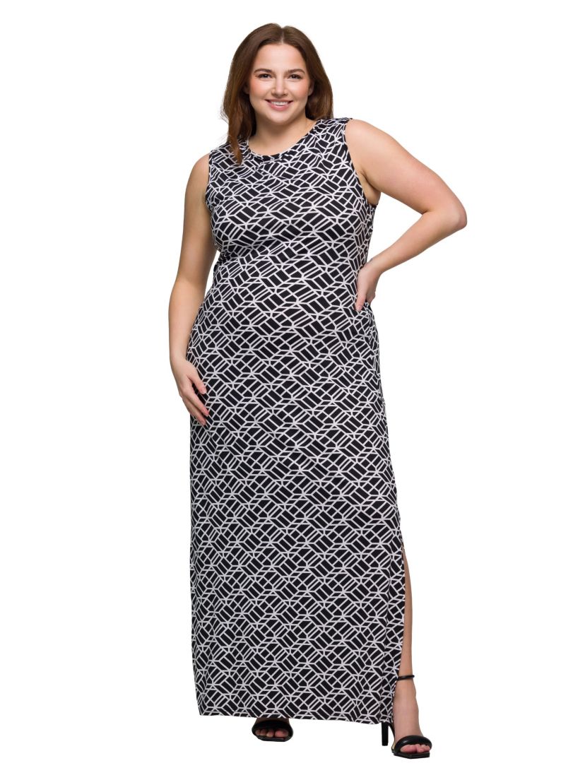 Plus Size Black and White Print Sleeveless Side Slit Maxi Dress