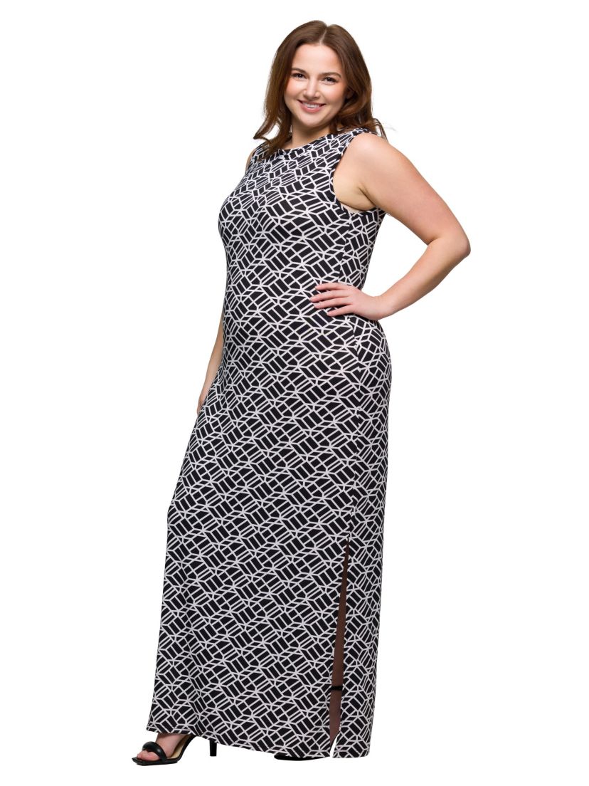 Plus Size Black and White Print Sleeveless Side Slit Maxi Dress