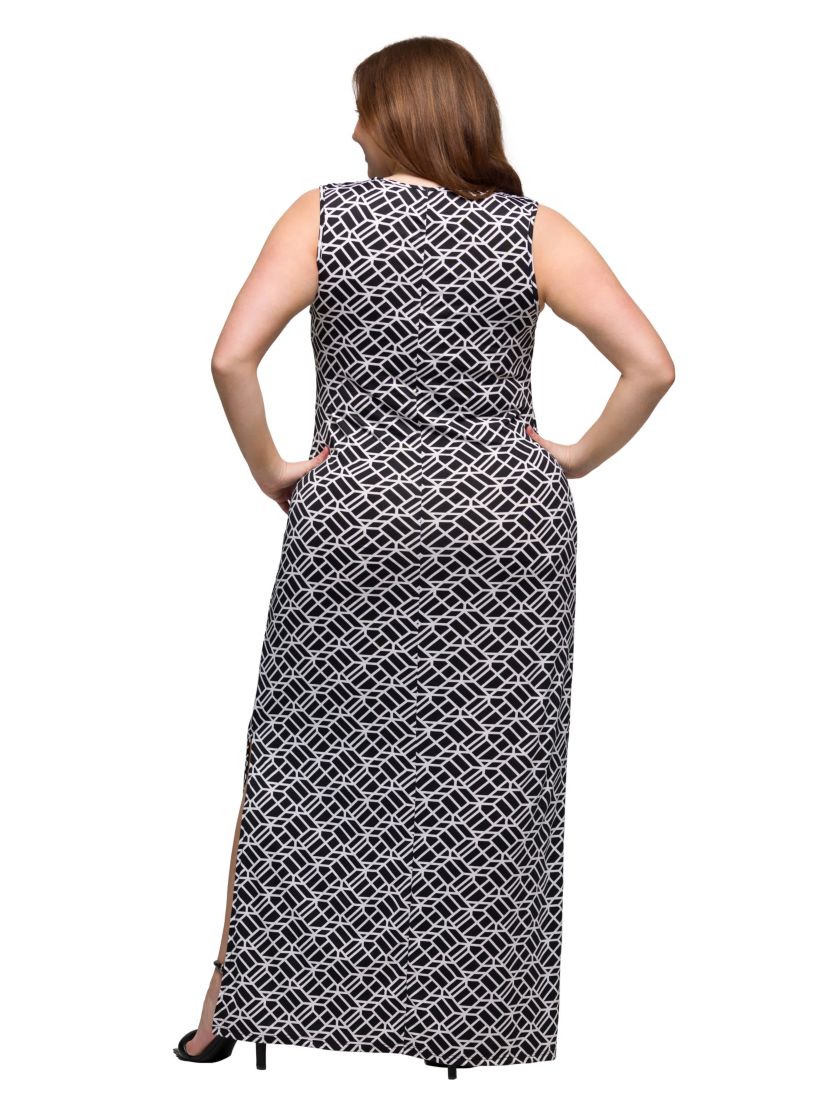 Plus Size Black and White Print Sleeveless Side Slit Maxi Dress