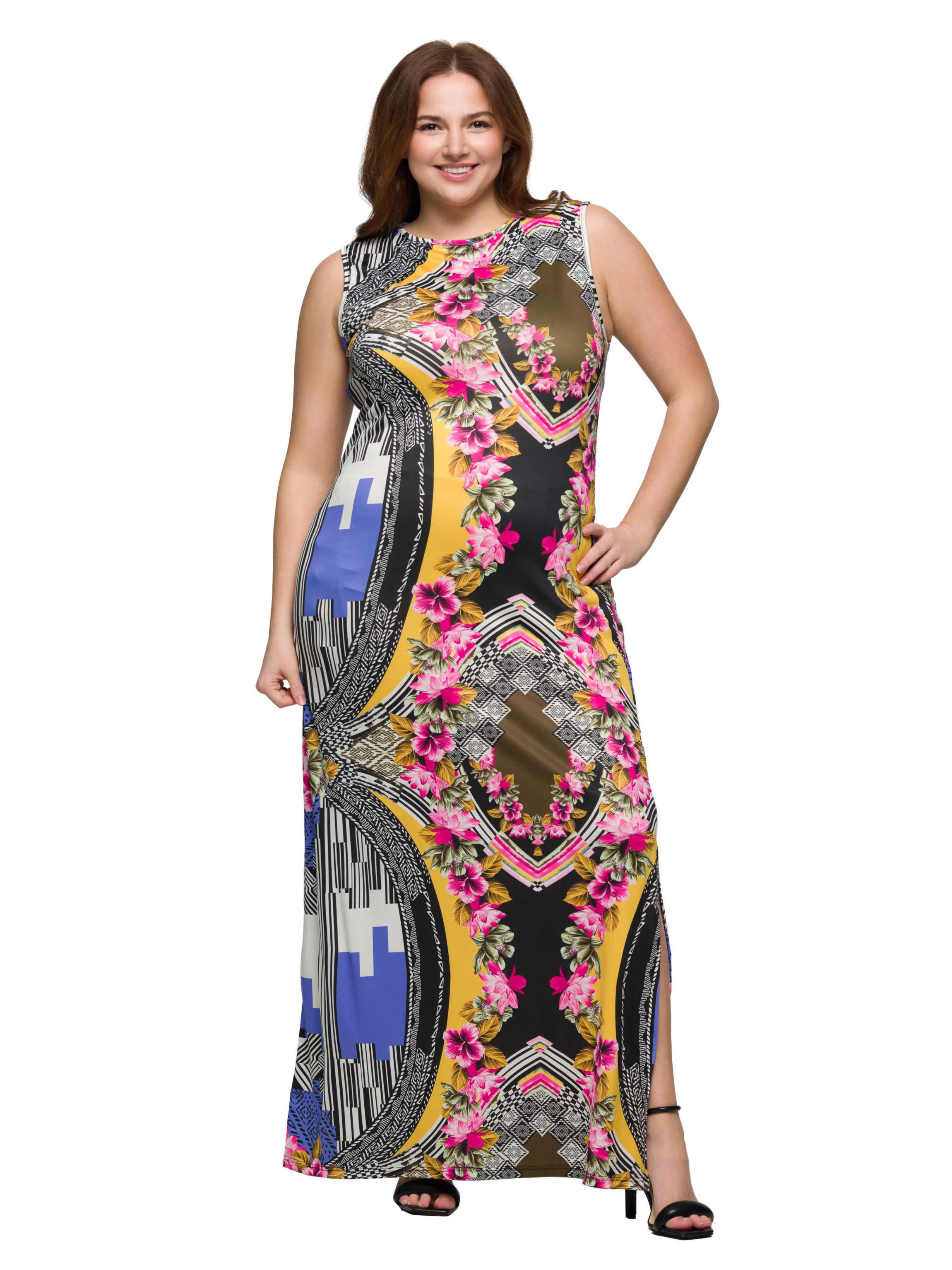 Plus Size Geometric Floral Print Sleeveless Side Slit Maxi Dress